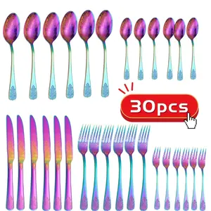30pcs Complete Set for All Dining Needs Rainbow Finish Vintage Design Iridescent Surface Floral Engraving Multi-Scene Versatility Western Meals Desserts Breakfast Bowls Outdoor Picnics