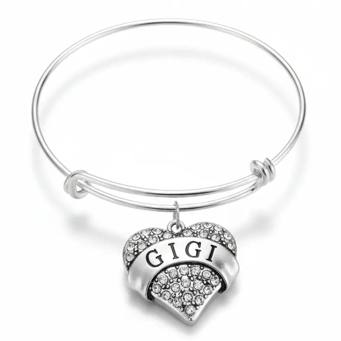 Gigi Crystal Heart Charm Bracelet – Expandable Silver Bangle | Gift for Gigi