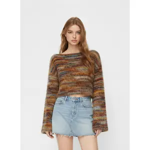 Cider Striped Boat Neck Bell Sleeve Cropped Top