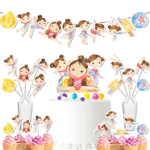Gymnastics Girl Birthday Party Decor Set - Banner, Cake & Cupcake Toppers, Centerpieces