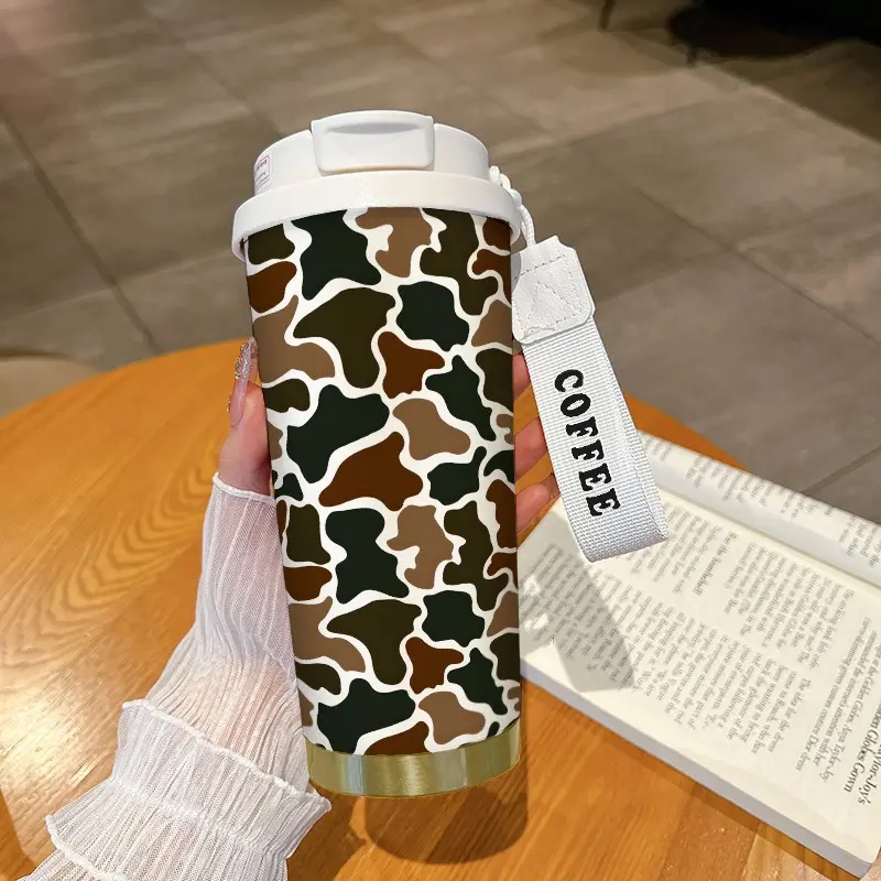 18oz Insulated Water Bottle with Hanging Rope, Portable, Camouflage Design, Stainless Steel Lid & Straw, Perfect Gift for Home Kitchen Use, Drinkware, Vacuum Insulated Tumbler, Coffee Tumbler