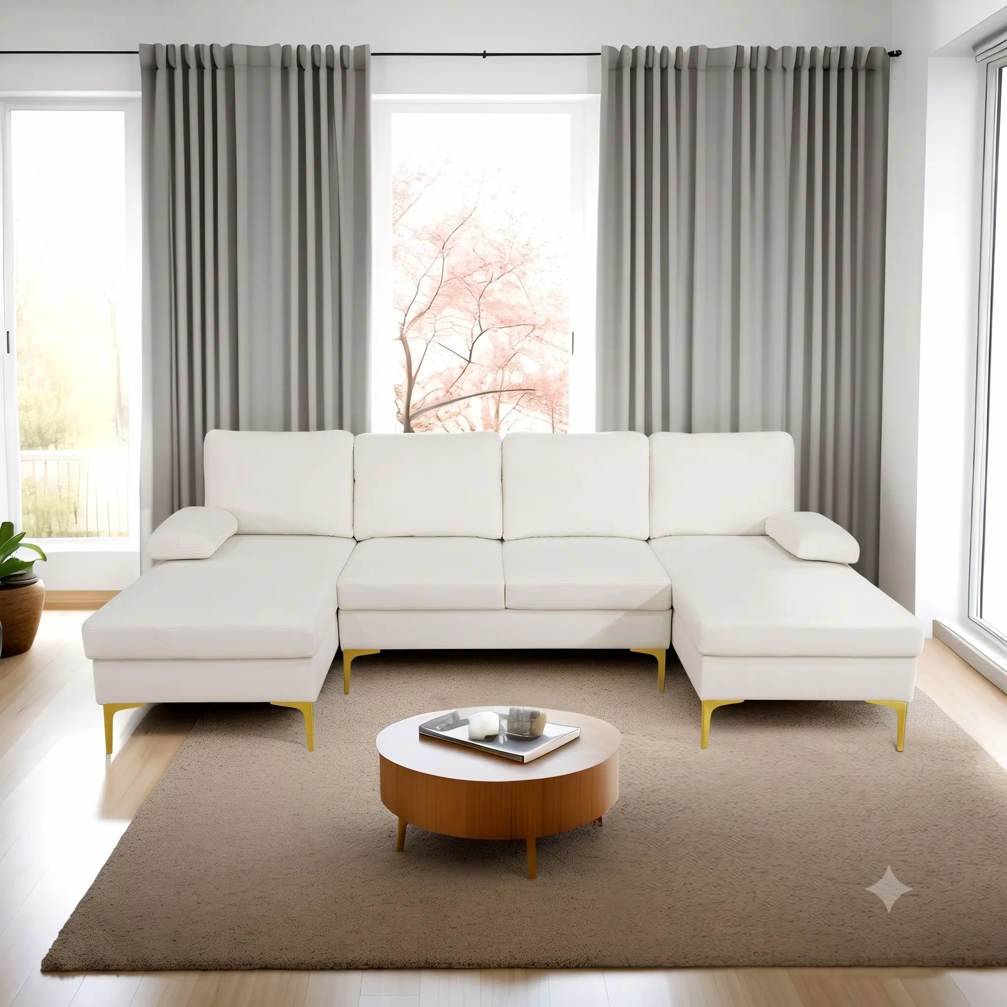 3-Piece Off-White Fluffy Fabric U-Shaped  Set - Indoor Living Room Home nice Furniture sofa enl