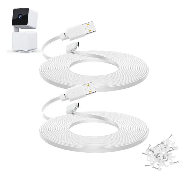 2-Pack 30 ft Extension Cable for  Cam Pan V3 Outdoor Camera, Micro USB 90 Degree Power Adapter, Flat Cord, White