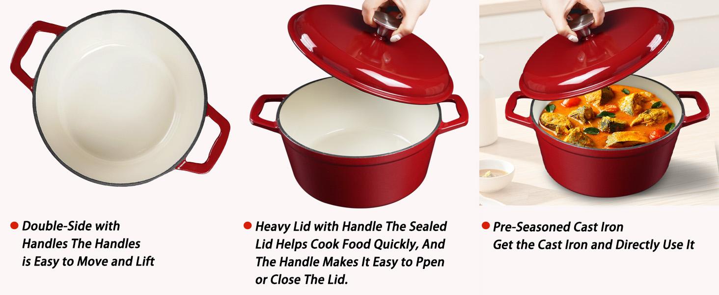4.75QT Large Capacity Enameled Cast Iron Dutch Oven with Lid, Red Nonstick Pot, Suitable for Baking, Frying, and Stewing, Oven Safe up to 500°F