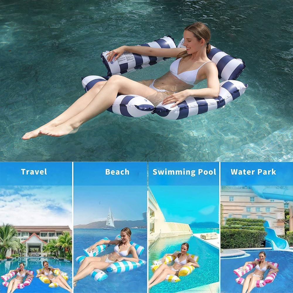 Multi-Purpose Pool Rafts Bed for Adults, 4-in-1 Inflatable Pool Floats Water Hammock, Floating Bed Lounge Chair for Swimming Pool Beach, Dark Blue