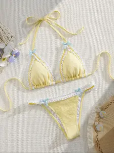 Two-Piece Set Women's Contrast Lace Bow Decor Bikini Set, Casual Tie Back Swim Bra & Swim Bottoms, Ladies Swimsuit for Beach Vacations, Summer Halter Bathing Suit