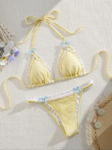 two-piece set women's contrast lace bow decor bikini set, casual tie back swim bra & swim panty, ladies swimsuit for beach holiday vacation