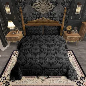 Gothic Bedding,Grey Black Moth Goth Comforter Set,Vintage Damask Boho Bed Comforter Set for Boys Adults Men,Exotic Victorian Style Floral Animal Quilt