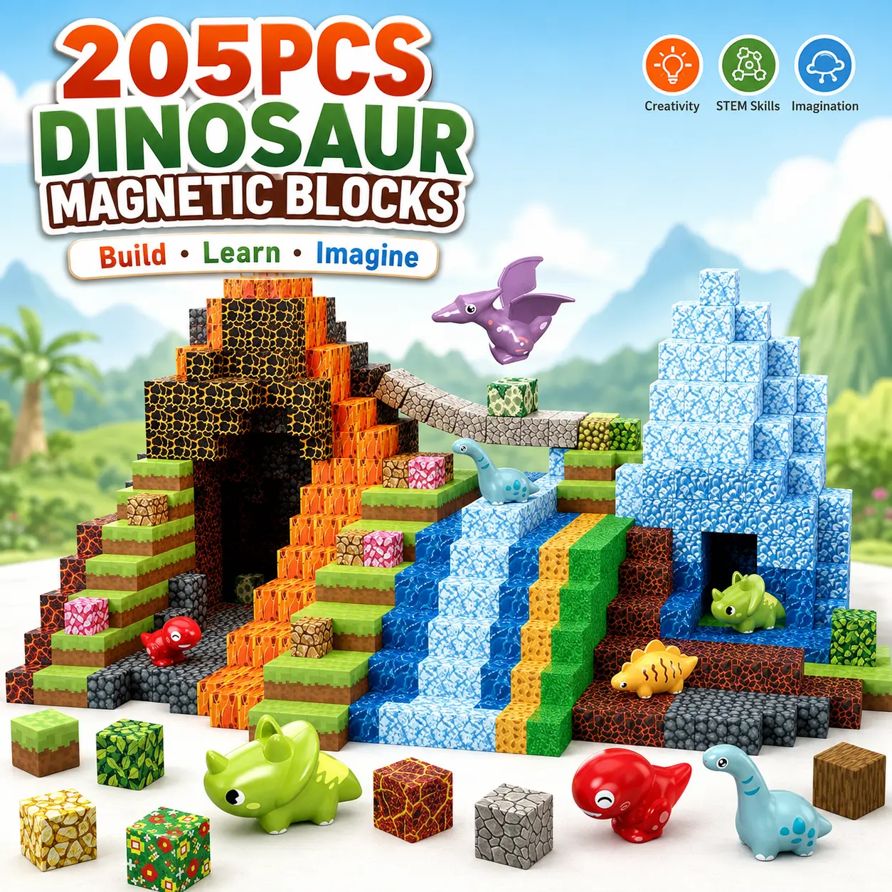 205 Pieces Unisex Dinosaur Magnetic Building Set for Kids 3+, 1-inch Compatible Size 3D STEM Building Toy with Stability, Creative Perfect Gift, Waterproof