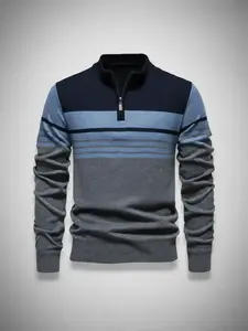 Men's Casual Long Sleeve Striped Accent Pullover Sweater, Knit Jumper Half-Zip Design, Spring & Fall Fashion, Thin Fabric, Fitted Style Tops
