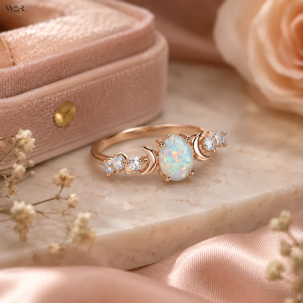 Women's Opal Moon Ring - Rose Gold, Silver, Gold Options - White/Blue Sparkling Stones - Lightweight, Comfortable, Versatile Feminine Costume Jewelry - Daily Wear Accessory, Gift Idea, Rings for Women, Cubic Zirconia Rings, 3 G