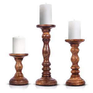 Rustic Hand-Carved Mango Wood Pillar Candle Holders - Set of 3 (6”, 9”, 12”) for Home Decor, Table Centerpiece, or Gift Ornaments
