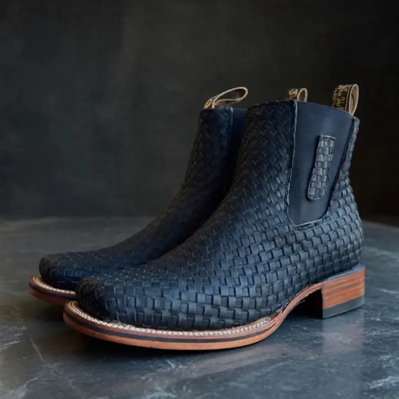 Men's Black Basketweave Ankle Boot - Stylish & Comfortable for Everyday Wear