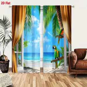 2D Flat Tropical Getaway Golden Curtain 2-Piece Set with Parrot & Palm Tree Design, Open Window Beach View Blackout Curtains for Living Room, Light-Filtering Sheer Curtains with Beachy Sunlit Atmosphere