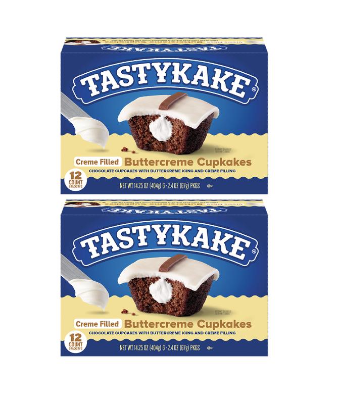 Tastykake Creme Filled Buttercreme Cupcakes - 2 Pack, 12 Count, 14.25 oz, Chocolate Cupcakes with Classic Buttercream Filling