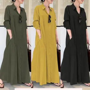 2025 Style Cotton Linen Solid Color Turn-down Collar Long Sleeve Pocket Simple Loose Casual Long Shirt Dress colorblock print dress matilda  mom  red  dress stephanie  long  sleeve  high  neck  dress mother  groom  dress Targeted Women's Casual Dresses pe