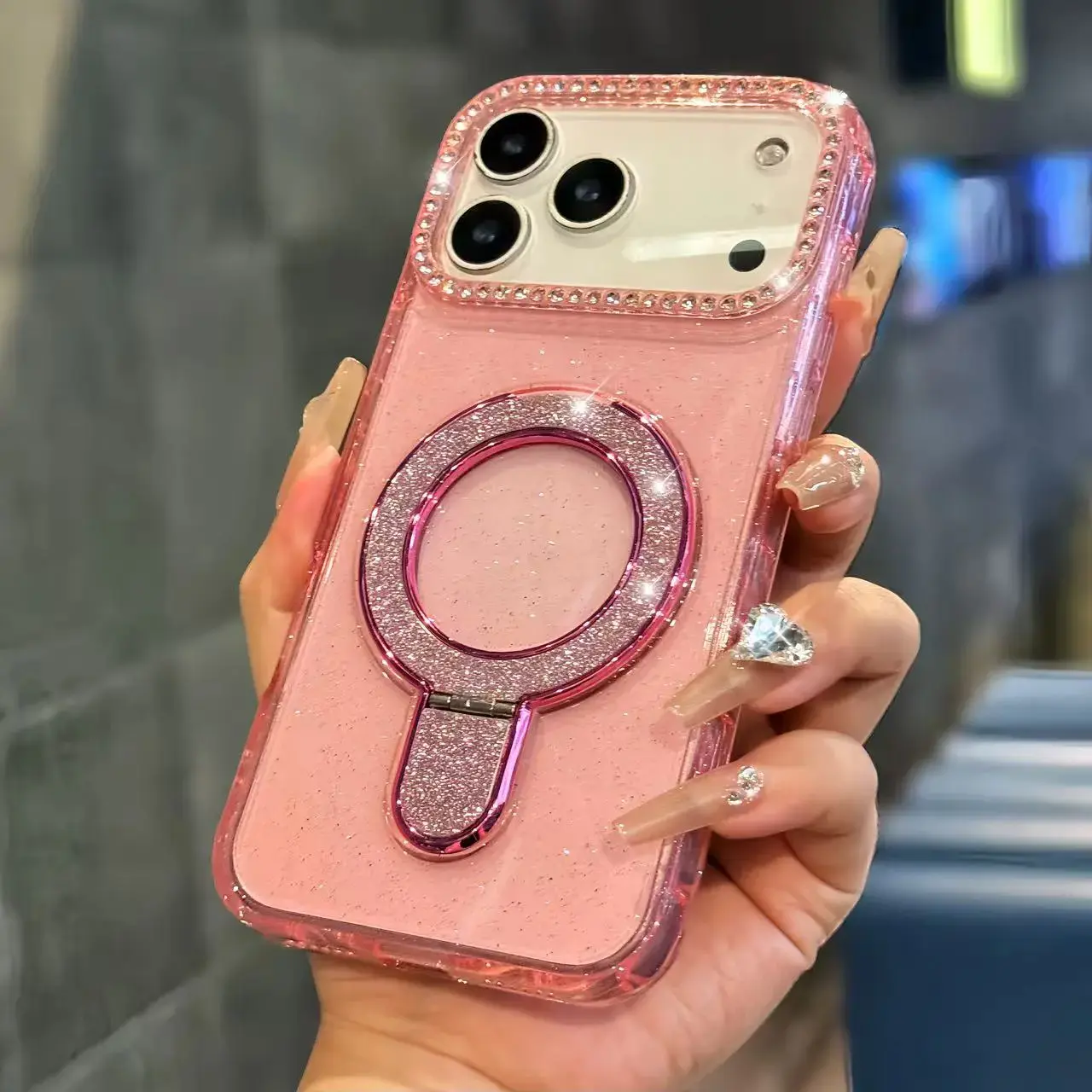 Rhinestone edge bracket phone case, rhinestone phone case, compatible For [iPhone 17 Pro], TPU material, solid color phone case, glitter phone case, creative gift phone protective cover 952