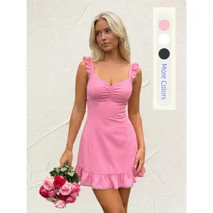 Women's Summer Mini Cami Dress Solid Color Lace Trim Flying Sleeve V-Neck A Line Dress