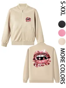 Women's Casual Lightweight Bomber Jacket with Red Sequin Lip Print, Fashionable and Comfortable Design, Suitable for Daily Wear and Outdoor Activities
