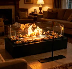 Tabletop Ethanol Fire Pit, Portable Indoor Outdoor Fireplace with Glass Guard & Natural Stones, Clean Burning Bio Ethanol Fire Bowl for Home Living Room Patio Balcony Decor