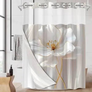 1PC 2D Flat White Floral Pattern Double-Layer Woven Shower Curtain (No Hooks), Transparent Top Window, Removable liner with snap-on lining, Modern Bathroom Partition Art Decoration, Bathroom Decor, Bathroom Decoration Accessories