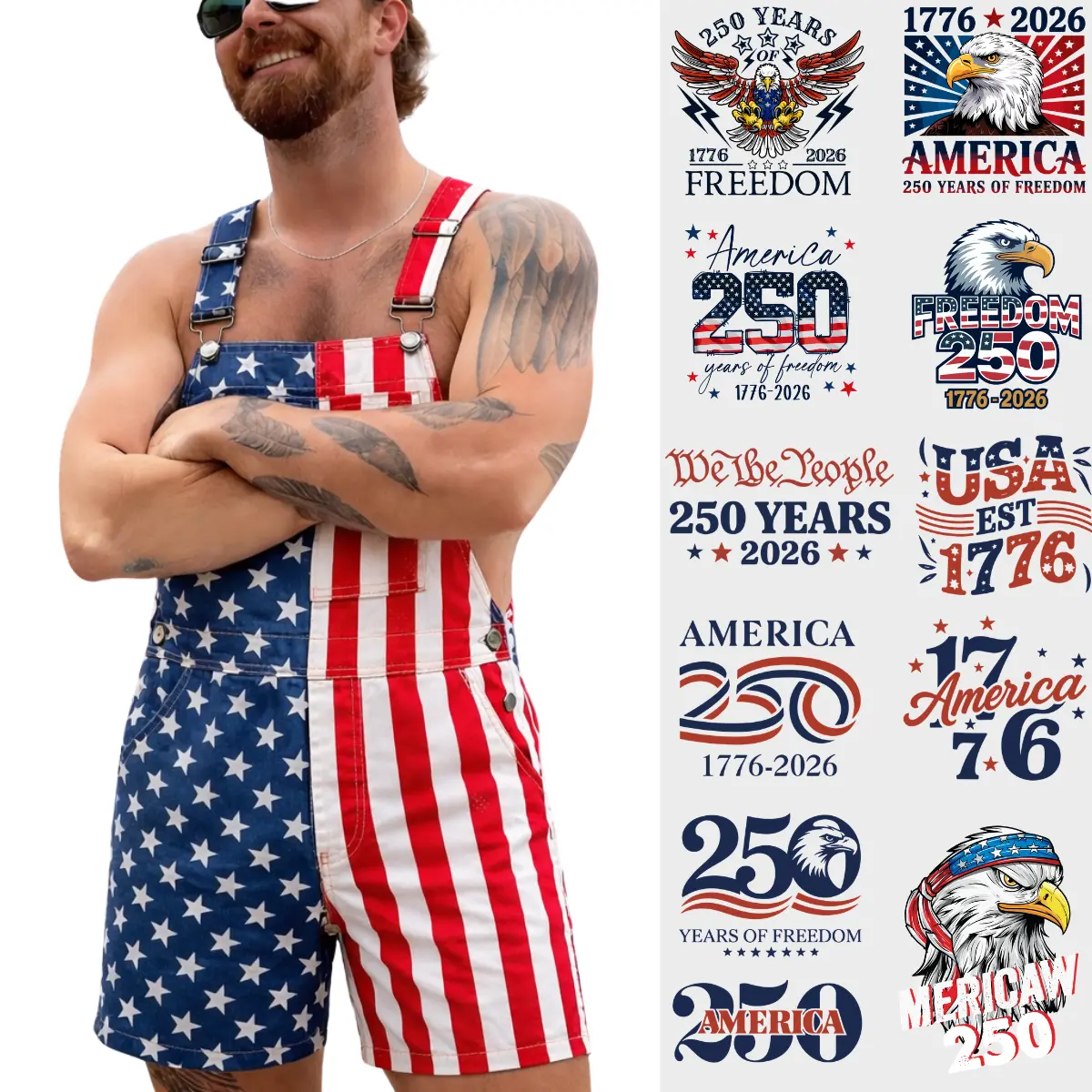 4th of July 250th Anniversary Graphic Printed Overalls Shorts, Unisex Romper Festival Jumpsuits Work Bibs Coveralls Gifts for Men and Women
