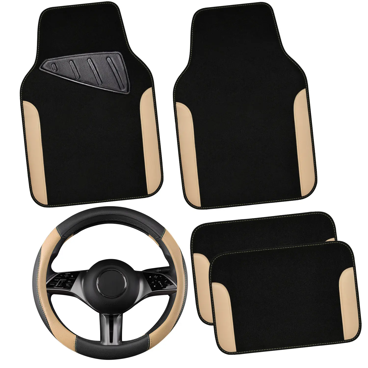 Beige&Black Car Floor Mats+Steering Wheel Cover