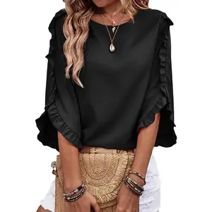 3/4 Length Sleeve Womens Tops Dressy Casual Blouses Crewneck Ruffle Sleeve Shirts Spring Outfits Business Work Tops