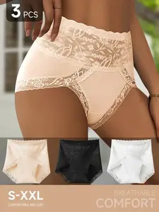 Women's High Waist Lace Patchwork Lingerie Set, Floral Mesh Trim, Ultra Soft Breathable Fabric, 3 Pieces, Comfortable and Stylish, Panties, Underwear