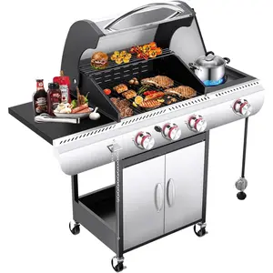 R.W.FLAME 3 Burners Propane Gas Grill with Side Burner, 34000 BTU BBQ Grills for Outdoor Cooking, Enamel-coated Wire Grate, Removable Grease Tray, Barbecue Grill for Camping, Backyard, Patio, Deck