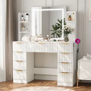 【Valentine’s Day Gift】VOWNER Modern White Vanity Desk with LED Mirror and Lights Bulbs Makeup Vanity Desk with Drawers and Storage Shelves & Power Outlet Hair Dryer Rack Dressing Table with Glass Top