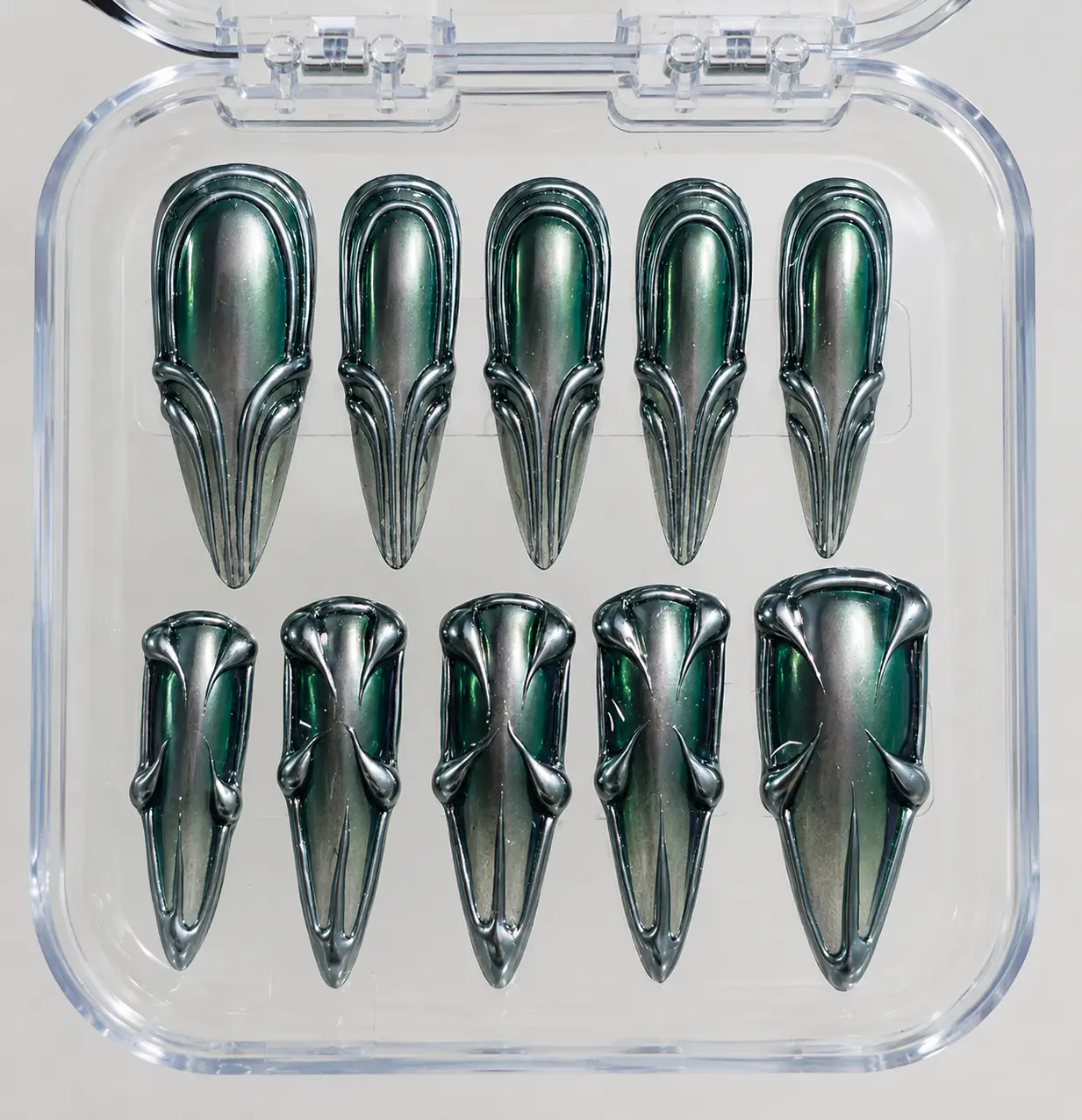 Futuristic Green Chrome Press On Nails – Metallic Alien Armor Stiletto Fake Nails, Cyber Y2K Handmade Nail Set