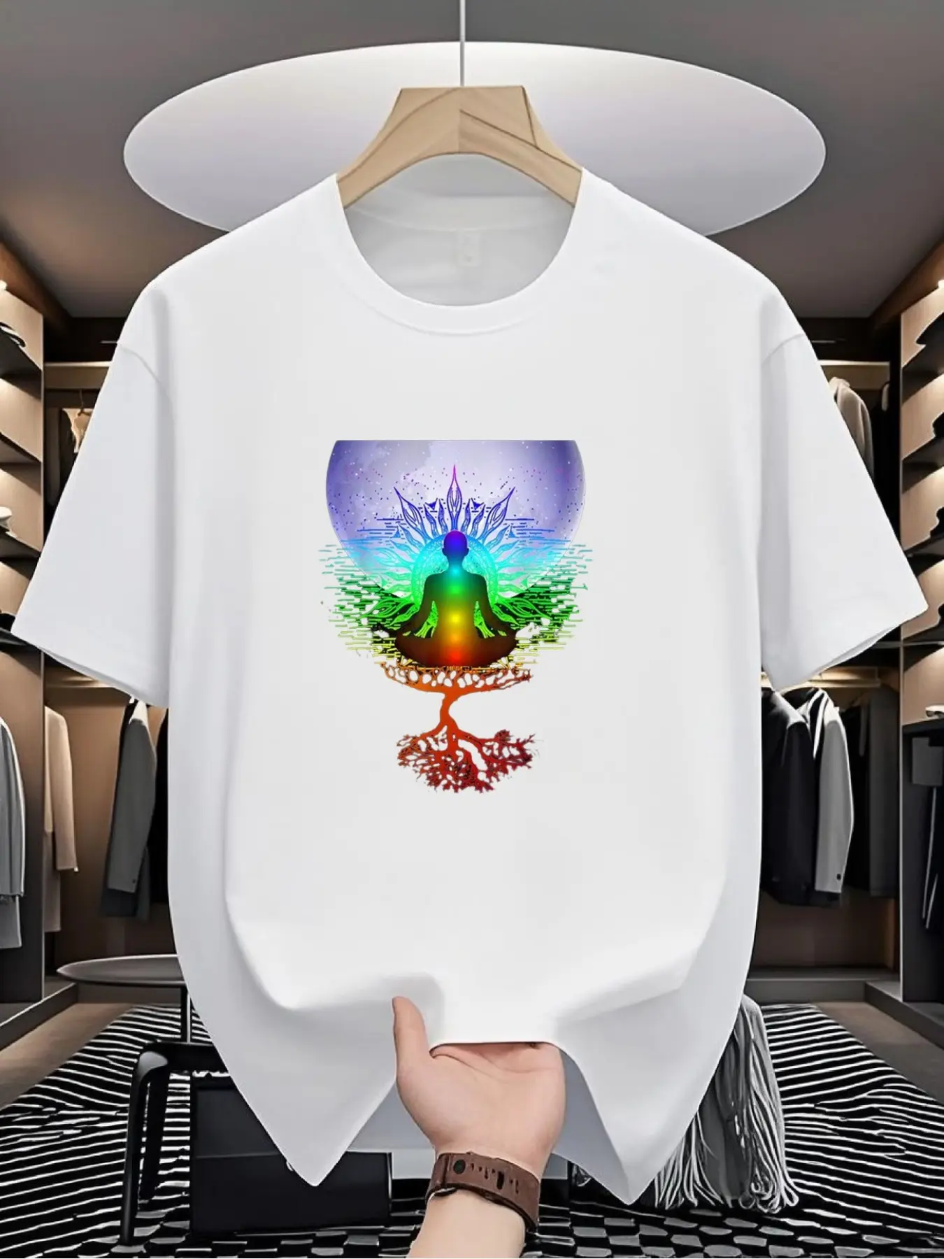 Chakra Meditation Moon Tree of Life T-Shirt.png unisex soft cotton short sleeve t shirt, vintage graphic casual tee for men women teens, perfect birthday holiday gift for camping travel gym daily street casual wear