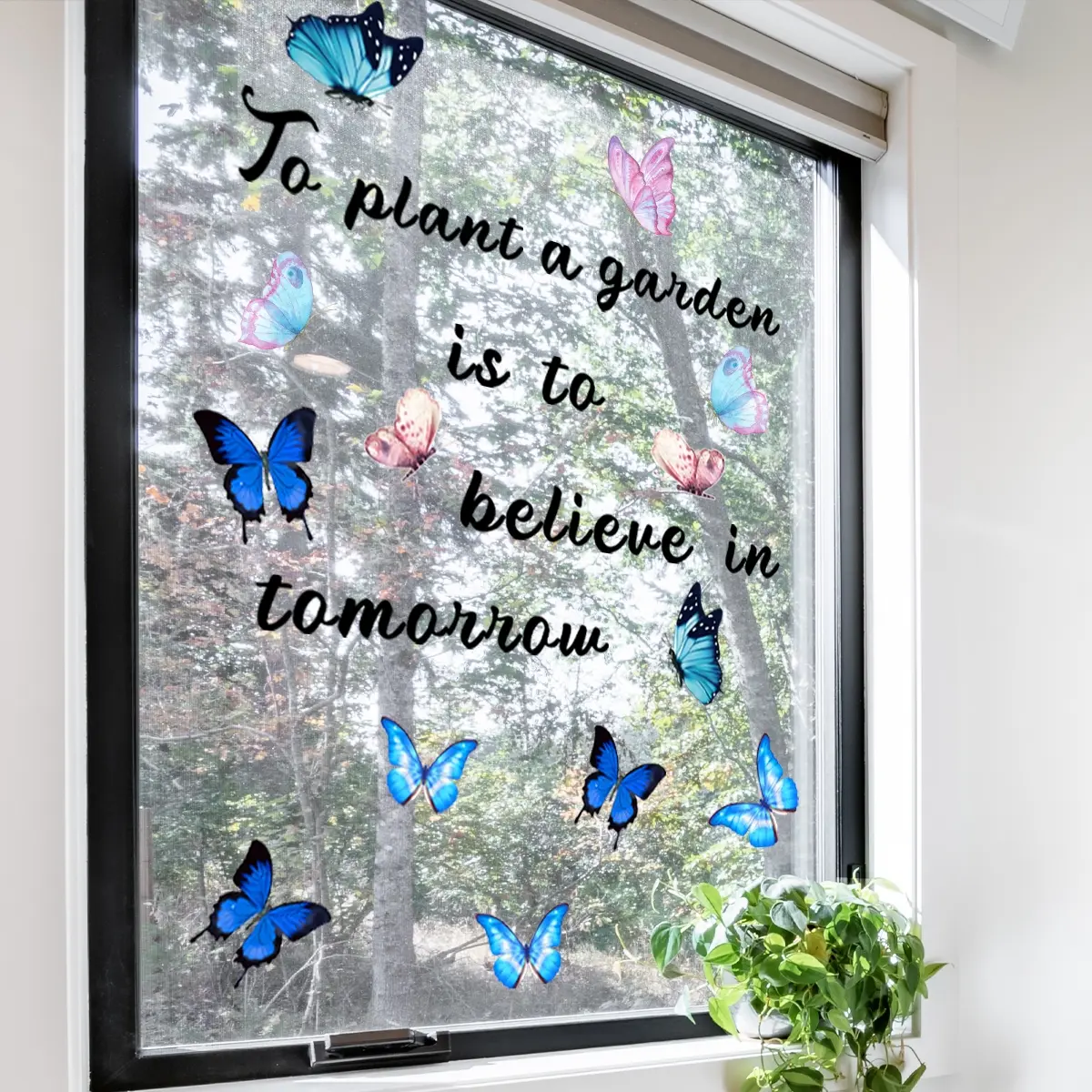 A set of two butterfly English static cling glass stickers for window glass decoration and beautification D18585