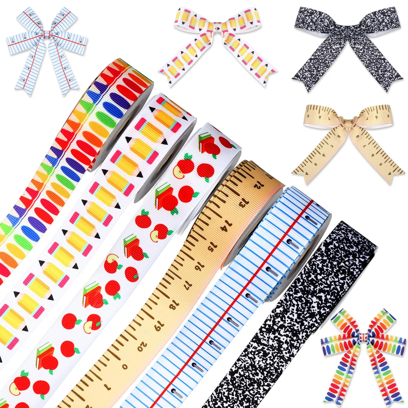 6 Pcs School Ribbons for Crafting 30 Yards Back to School Teacher Grosgrain Ribbons Ruler Ribbon Pencils Apples Book Crayon Craft Ribbons Teacher Appreciation Craft Teacher DIY Supplies