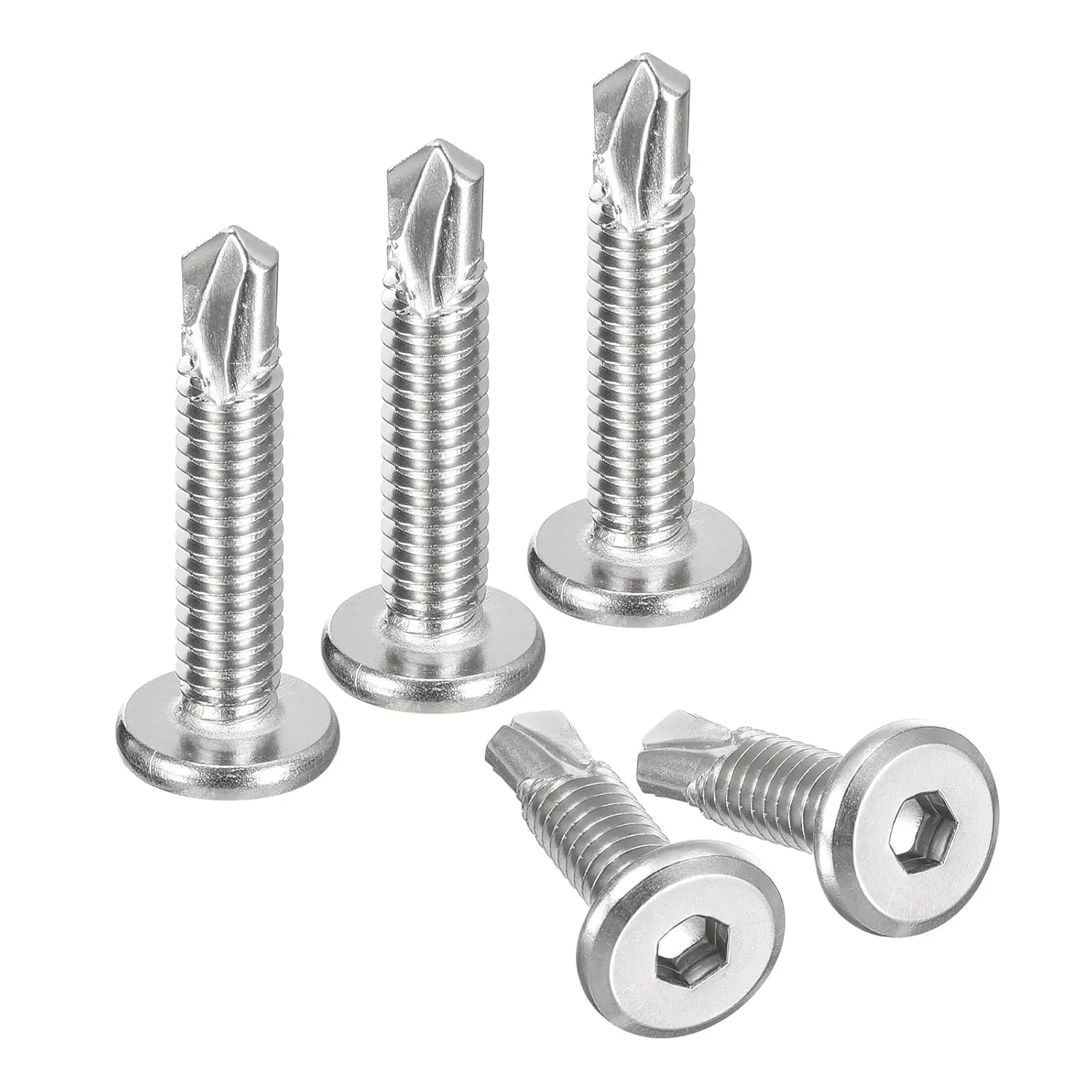 Flat Head Self-Drilling Hex Socket Self-Tapping Screws, 1/4 x 1-1/4" 410 Stainless Steel Hardware, 50-Count Sheet Metal Screws, Flat Head Self-Drilling Screws