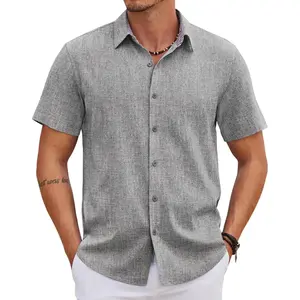 Mens Linen Shirt Casual Short Sleeve Button Down Shirts Summer Beach Vacation Tops
