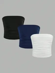 Trendy Girls' One-Shoulder Crop Top Set of 3, Fashionable Comfortable Elastic Wear, Slim-Fitting All-Season Versatile, Can Be Worn as Underwear or Outerwear, Girls' Clothing