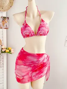 Women's Floral Print Triangle Bikini Set, Three-Piece Swimsuit with Tie Back Design, Ladies Swimwear & Skirted Bathing Suit Apparel