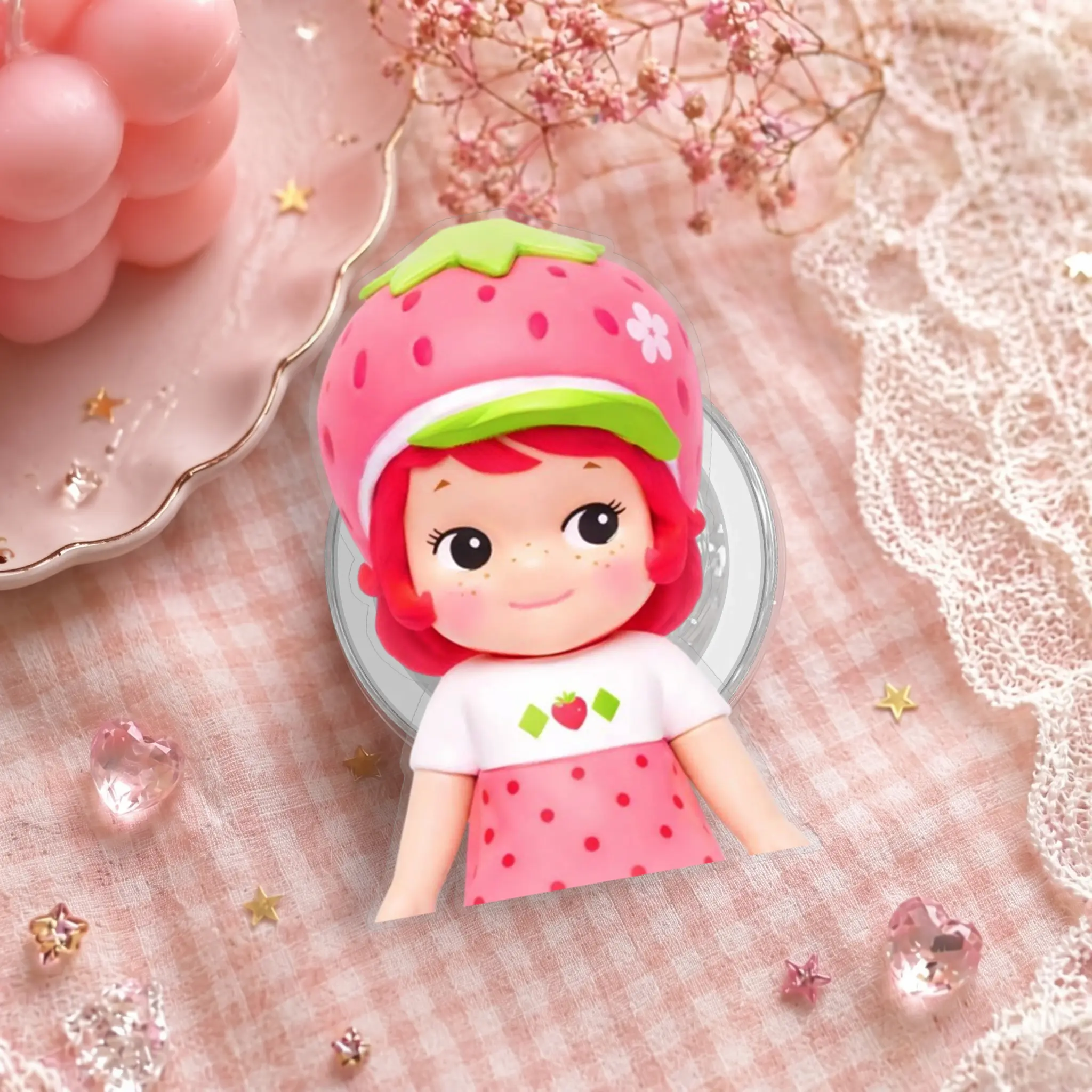 Cute Strawberry Girl Phone Grip, Kawaii Berry Doll Phone Holder, Round Phone Stand, Sweet Phone Accessory Gift