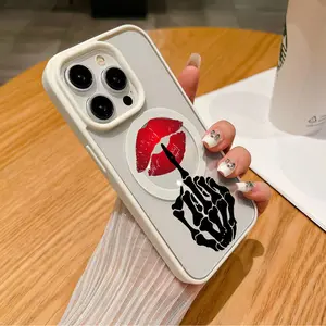 Skull Hand Lip Tattoo Clear Magnetic Phone Case for iPhone X 11 12 13 14 15 16 17 Pro Max Plus Air MagSafe Compatible Protective Cover with Anti Fall Protection and Wireless Charging Support