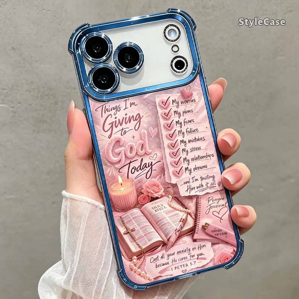Giving to God Prayer Phone Case for iPhone 17 16 15 14 13 12 11 Pro Max Plus Air, Christian Faith Bible Verse Pink Clear TPU Shockproof Metallic Edge Cover Religious Gift DDSJ260627020
