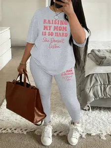 Printed pattern Women's Tee & Skinny Pants Two-Piece Set, Casual Fashion Cozy Round Neck Short Sleeve T-Shirt & Trousers for Daily Outdoor Spring Wear, Ladies Summer Clothes