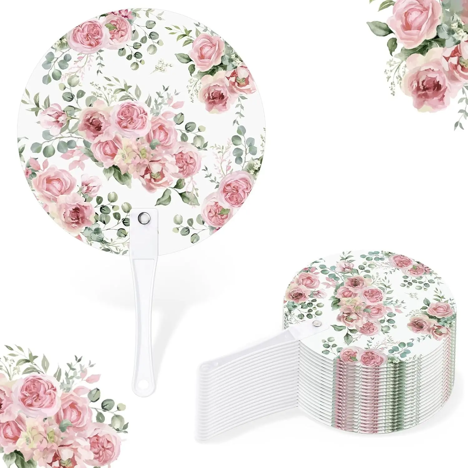 20 Sets Bulk Floral Round Handheld Plastic Fans with Plastic Handles for Wedding Favors