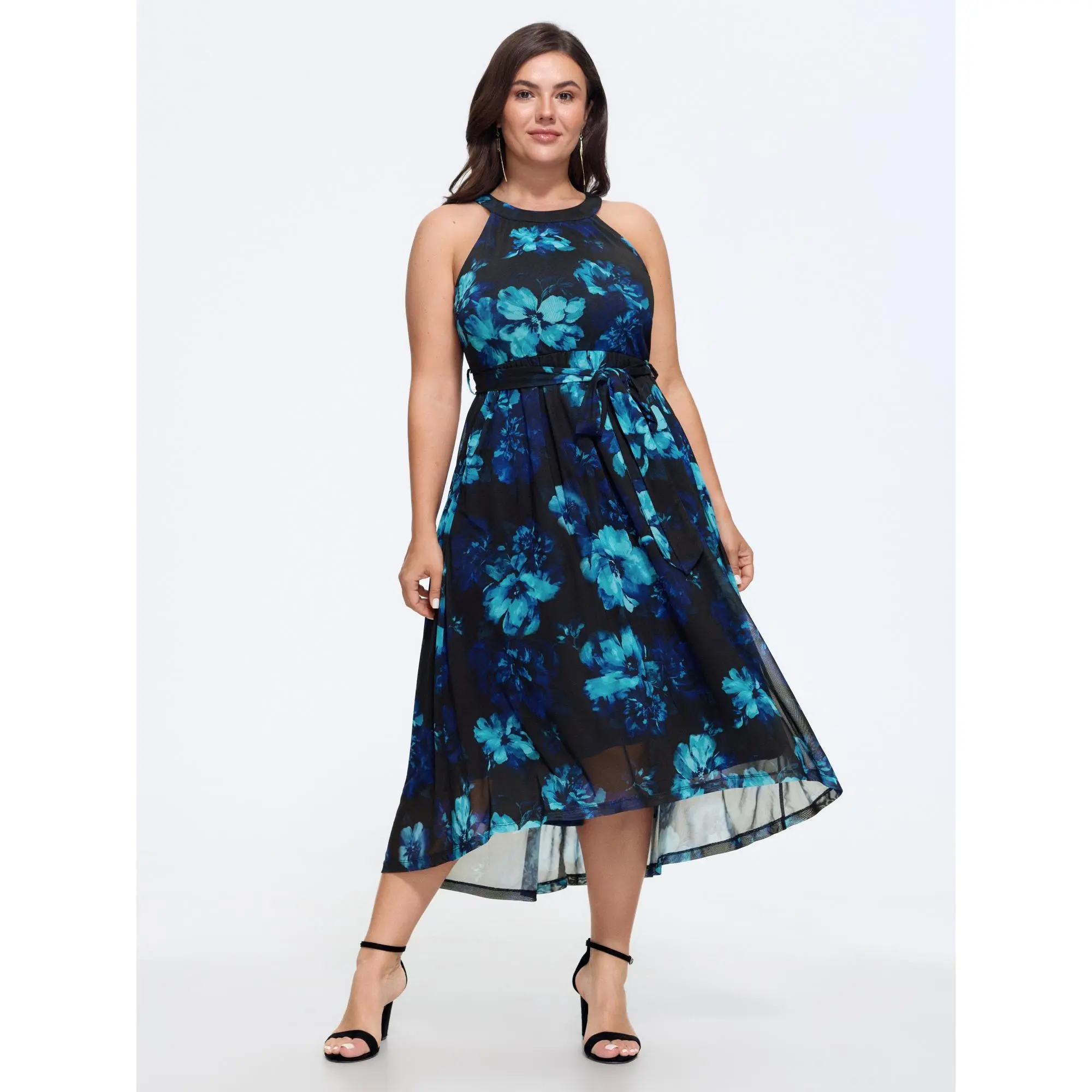 BLOOMCHIC Plus Size Floral Print Tie Waist High Low Hem Midi Dress[M-6X] 2026 Summerfinds