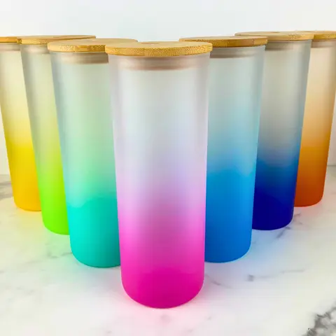 25 oz Frosted Ombre Glass with Bamboo Lid, Wholesale Cups, Reusable Cups, Tumbler, Water Bottles, Drinkware