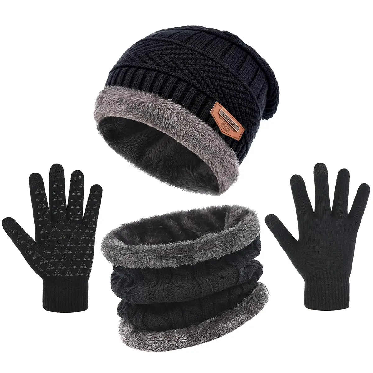 Winter Hats for Men Women 3 PCS Fleece Beanie Scarf Gloves Set 3-in-1 Set, Touchscreen Gloves, Cozy Neck Warmer, Thermal Thick Lined, Stocking Stuffers Gifts, For Cold Weather
