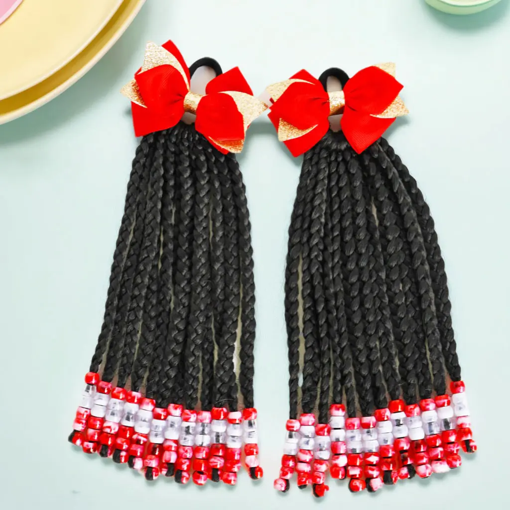 braid hair extension Ponytail Extension with Beads and Bow-Red Synthetic Beaded clip hair extensions