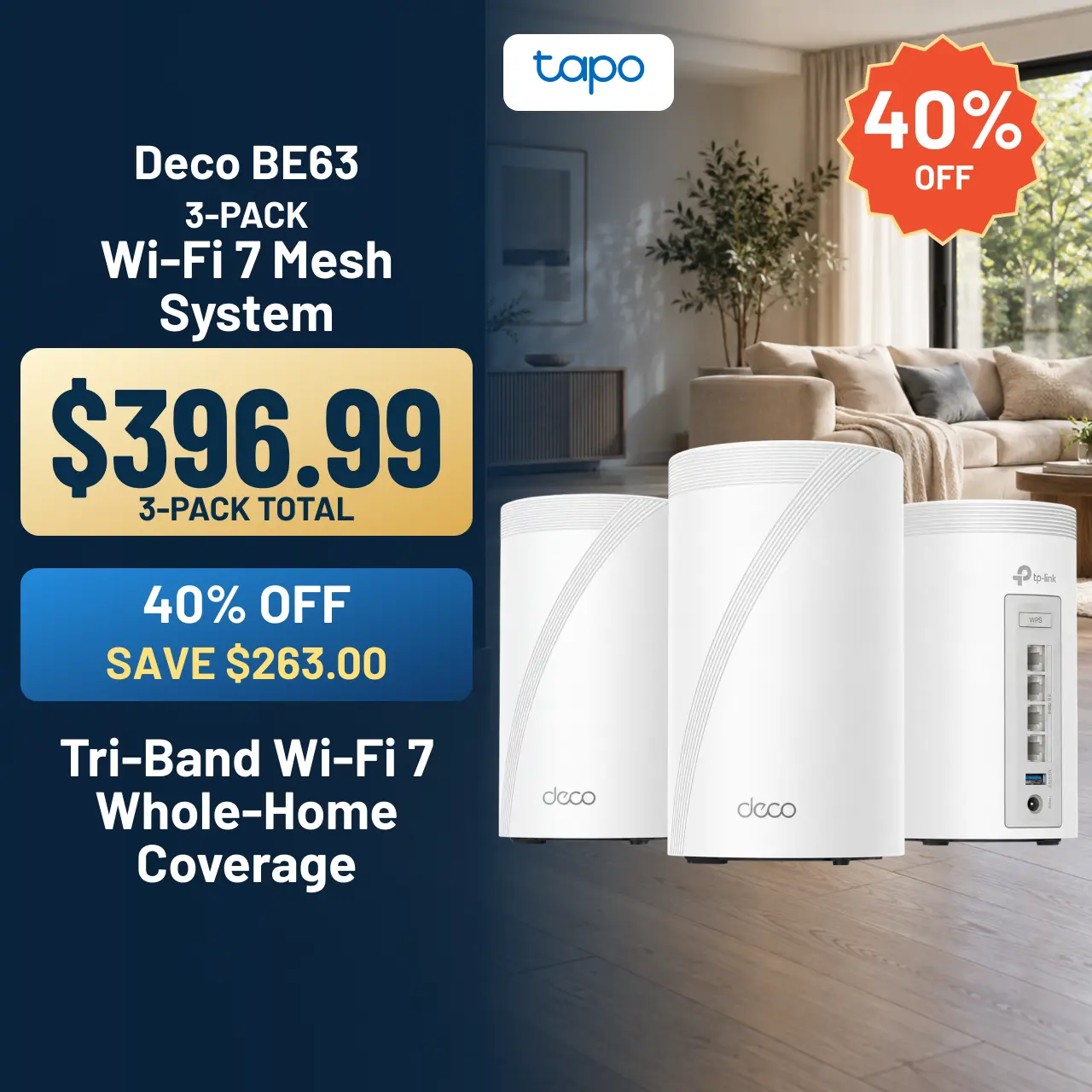TP-Link Deco BE63 (3-Pack) Smart Tri-Band Wi-Fi 7 Mesh Router - Smart WiFi Wireless Home Networking System with Self-Healing Mesh, 10G Port Ecosystem, 10Gbps Speed, 7600 Sq.Ft Coverage, 200+ Device Support, AI Roaming, VPN, RJ45 Compatibility, 2.4GHz Band
