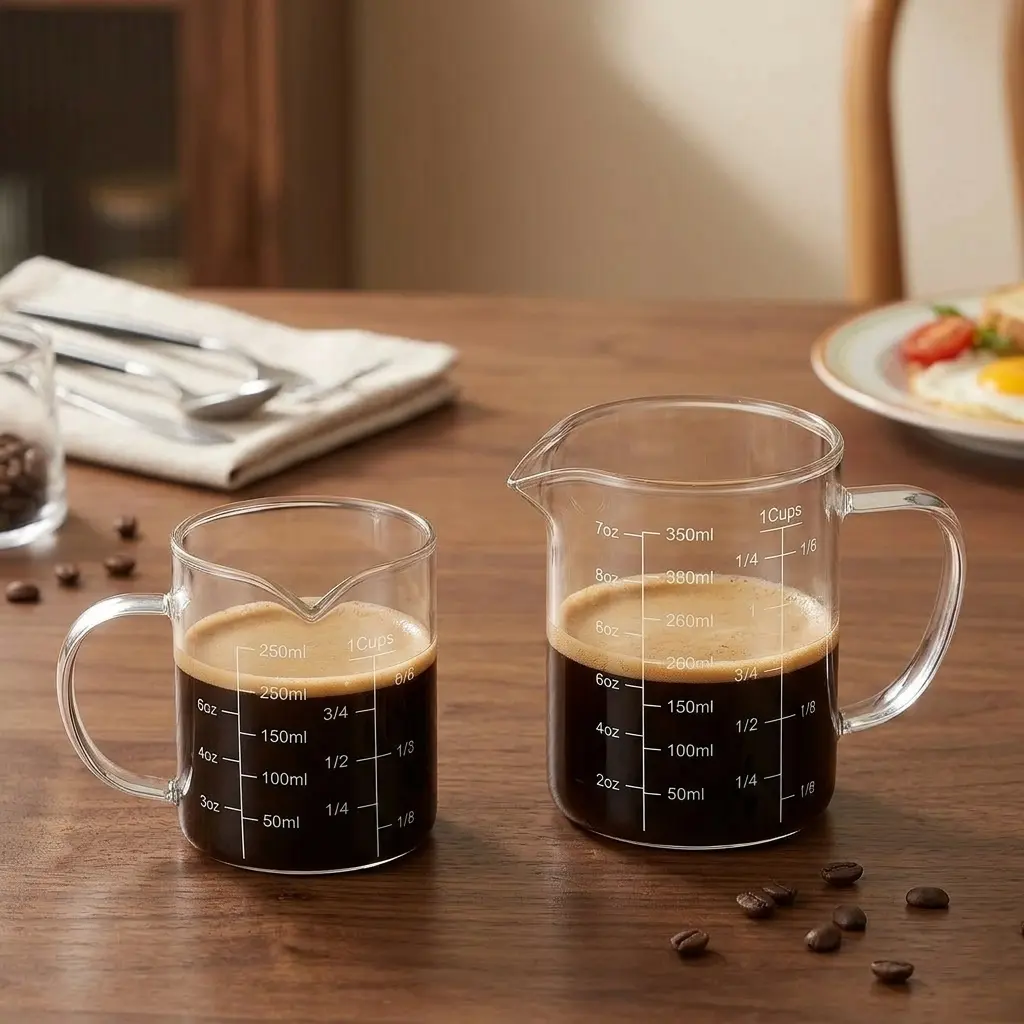 Functional Glass Measuring Cup Set with Utensils - 2 Cups (8 oz, 12 oz), V-Rim, Coffee Prep Handle, Liquid Measurement, Suitable for Kitchen and Restaurant Use